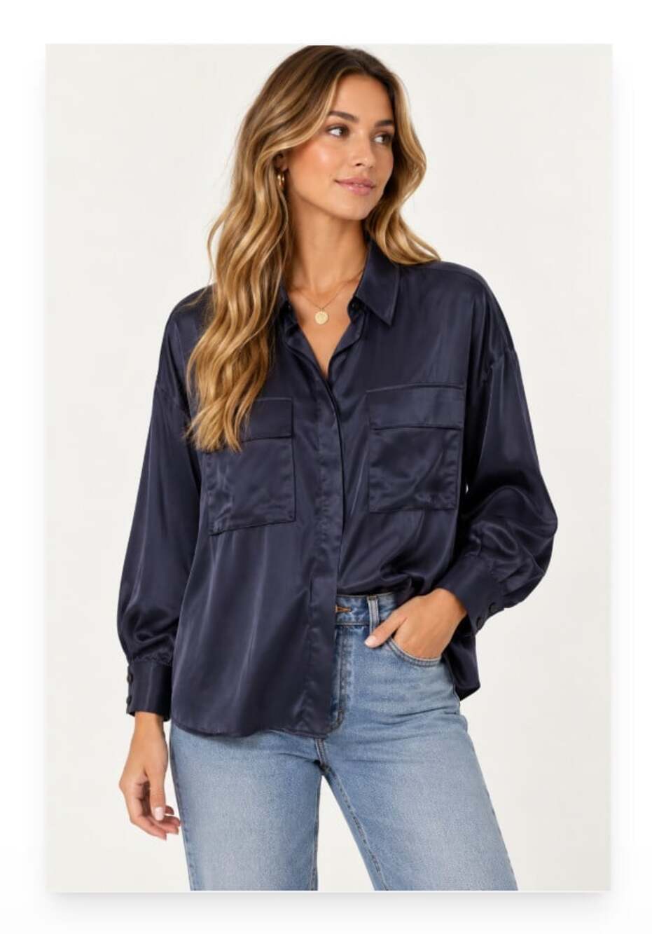 Go Silk Shirt Womens Medium Blue Washable Silk Pocket Button Top Blouse